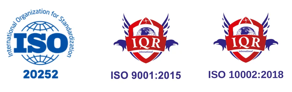 ISO 20252, ISO 9001:2015 and ISO 10002:2018 certification marks